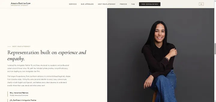 Meet Your Attorney section with a portrait and a first person narrative about the attorney's background and approach