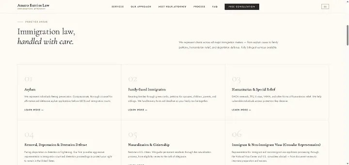 Amaro Barrios Law practice areas grid showing six service cards: Asylum, Family-Based Immigration, Humanitarian and Special Relief, Removal and Deportation Defense, Naturalization and Citizenship, and Immigrant and Non-Immigrant Visa Representation