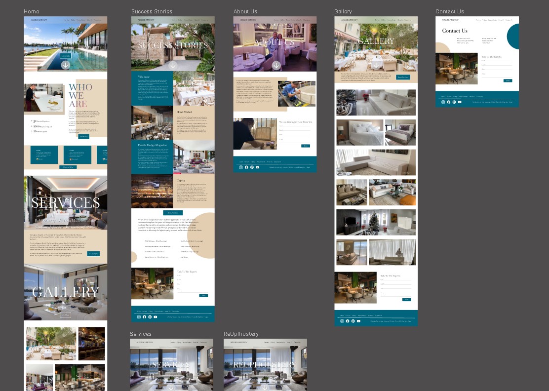 The finished Atelier Arruzo brand and website across Home, Success Stories, About Us, Gallery, Services, and ReUpholstery pages
