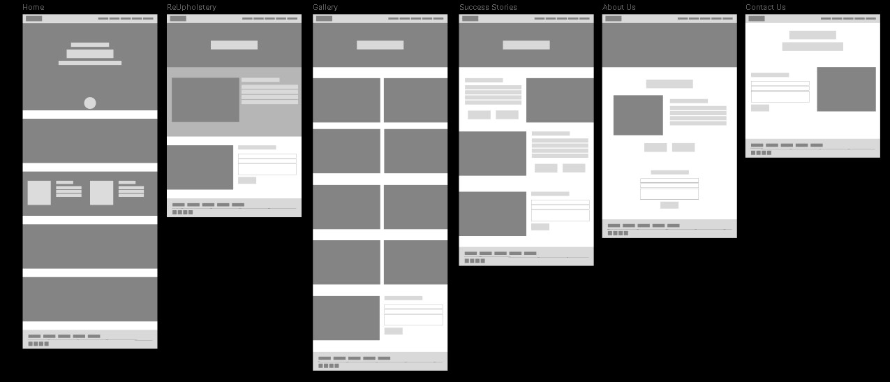 Grayscale mid-fidelity wireframes for Home, ReUpholstery, Gallery, Success Stories, About Us, and Contact Us