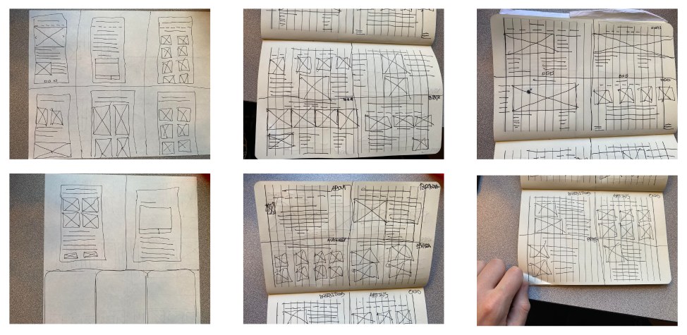 Hand drawn pen and paper wireframe sketches for the gallery site's pages
