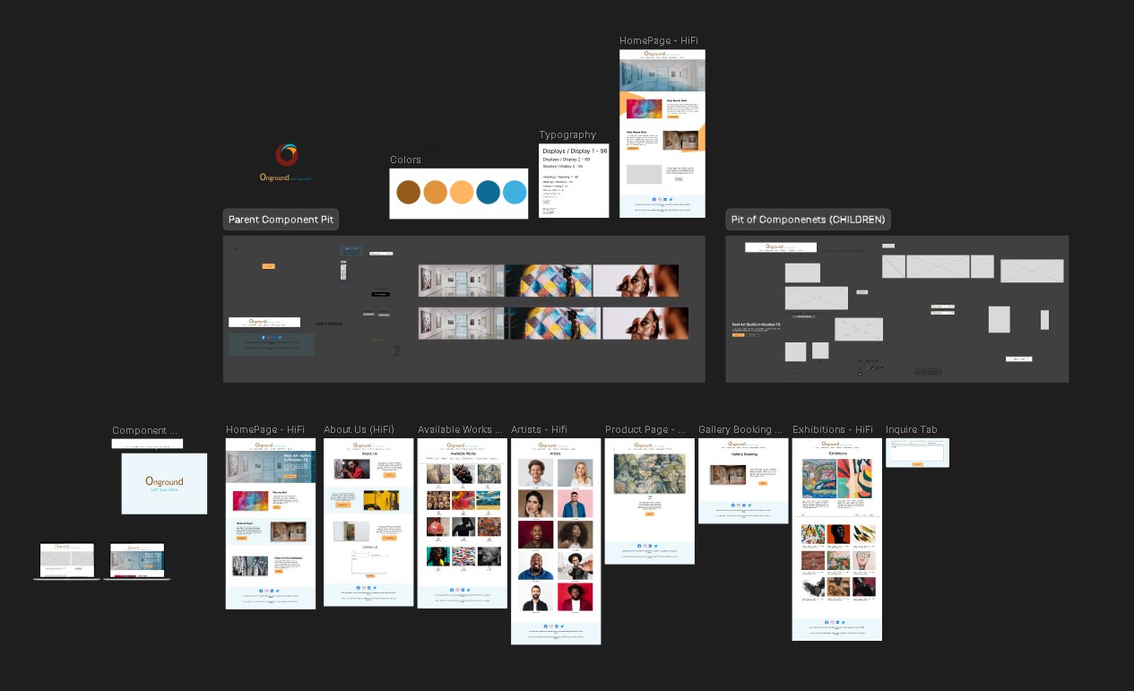 Finished design system and full page set: logo, color palette, typography, a component library, and eight final high-fidelity pages