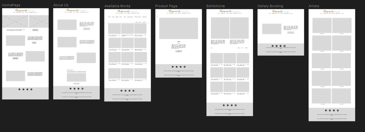 Grayscale mid-fidelity wireframes for Homepage, About Us, Available Works, Product Page, Exhibitions, Gallery Booking, and Artists