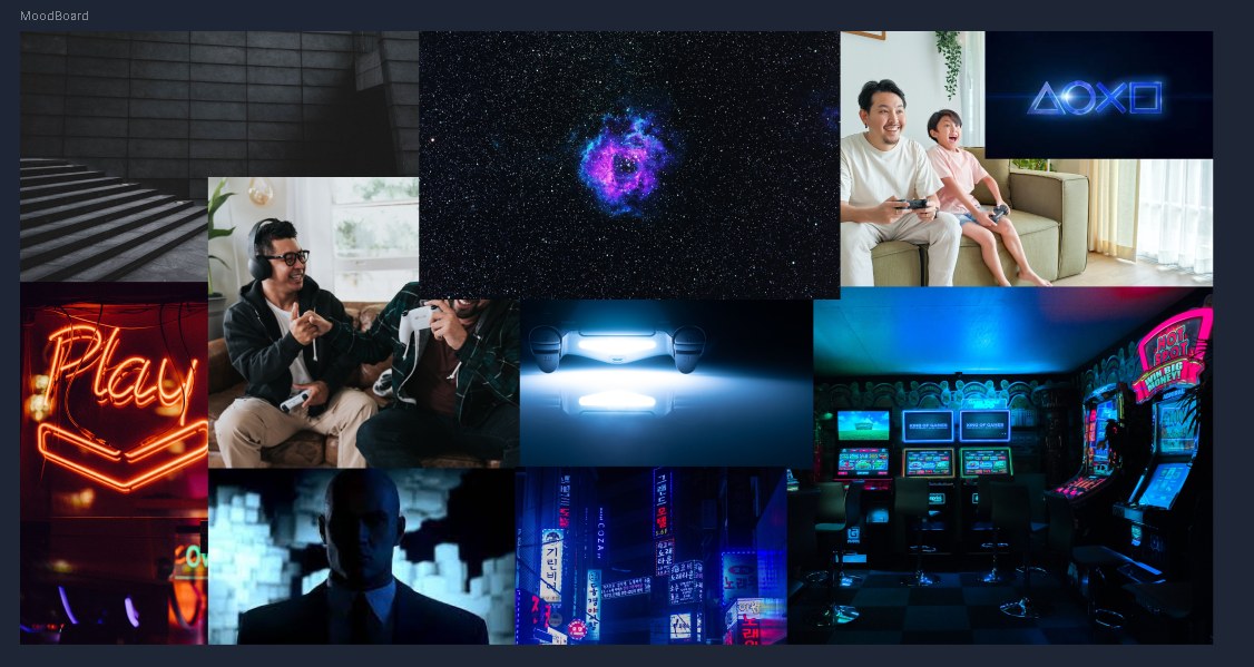 Moodboard exploring a late night, neon arcade visual direction for the concept