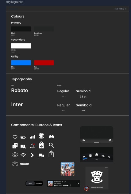 Early style guide with a dark color palette, typography, and icon set