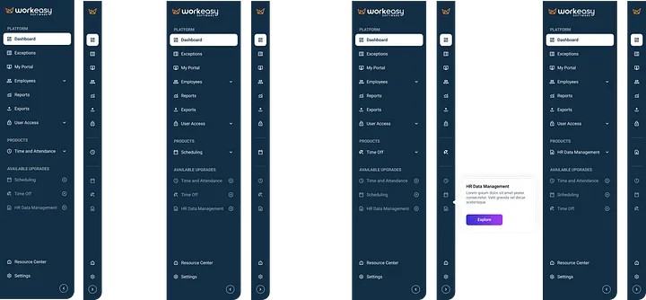 Redesigned Workeasy left navigation shown collapsed, expanded, and with an upgrade prompt state