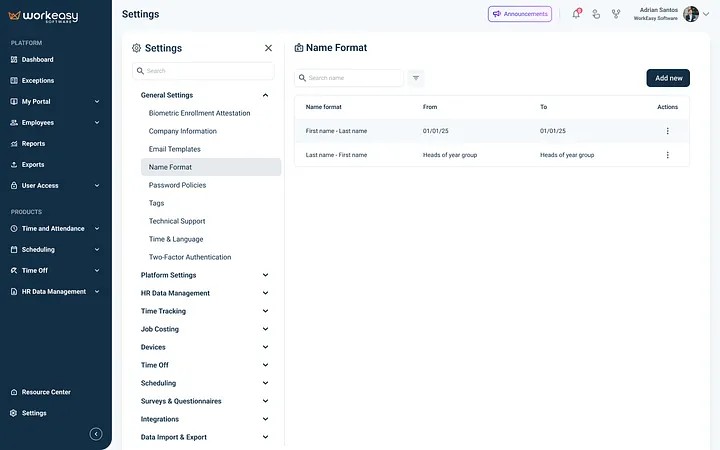 Redesigned Workeasy global settings page with a categorized settings list and a name format configuration panel