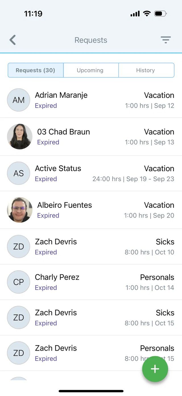 Original Workeasy requests list showing entries already marked expired