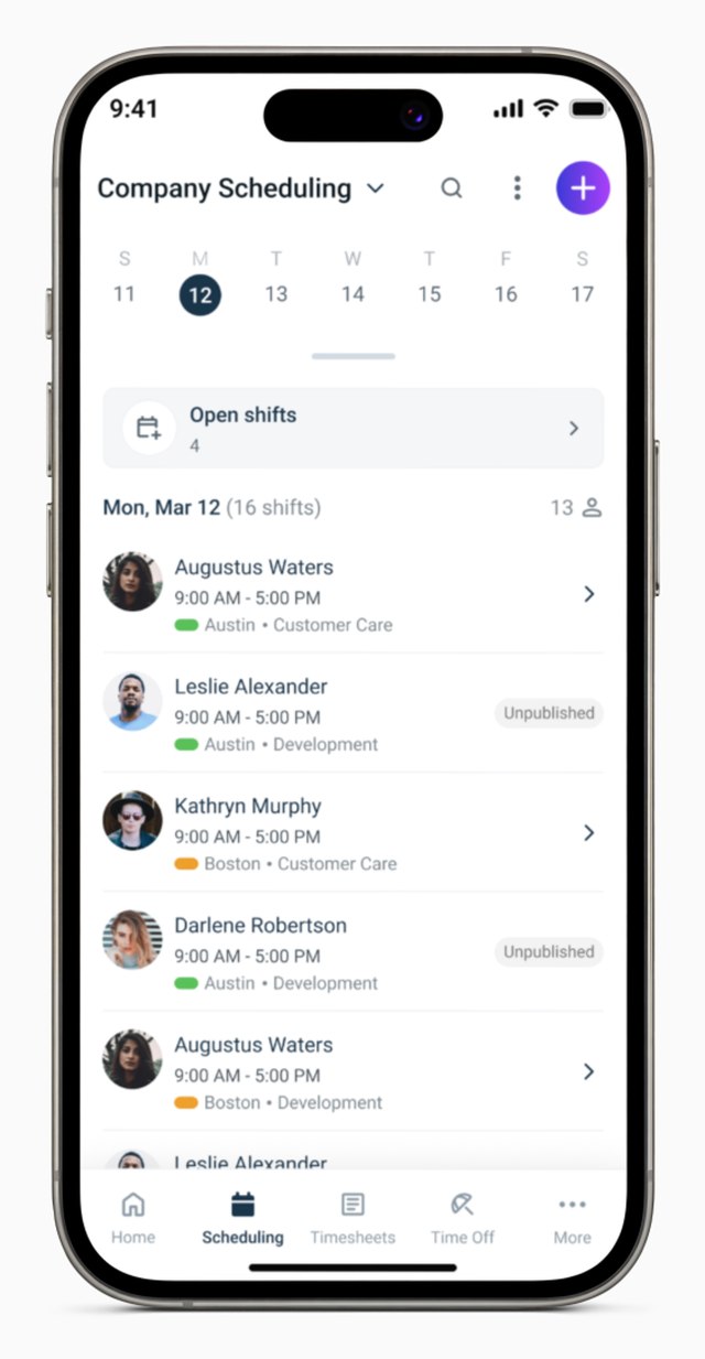 Redesigned Workeasy mobile app company scheduling screen showing a weekly shift calendar