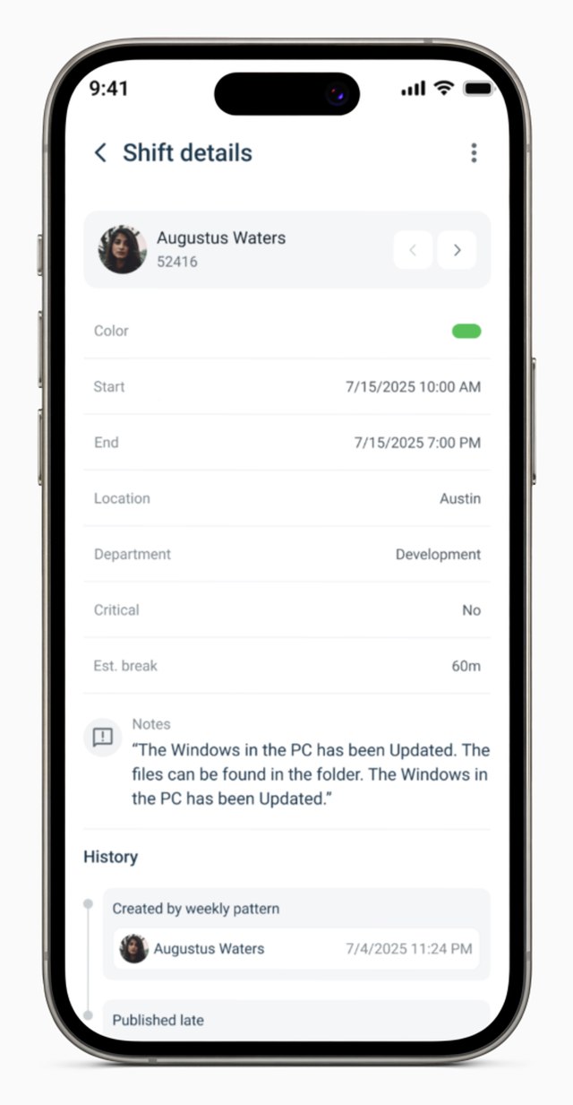 Redesigned Workeasy mobile app shift details screen with location, department, and notes