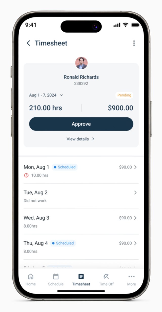Redesigned Workeasy mobile app individual timesheet screen with a daily hours breakdown